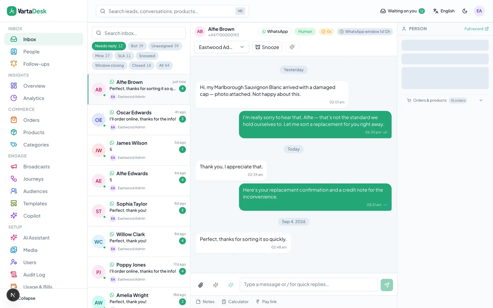 VartaDesk inbox with WhatsApp, SMS, RCS and Email threads in one list